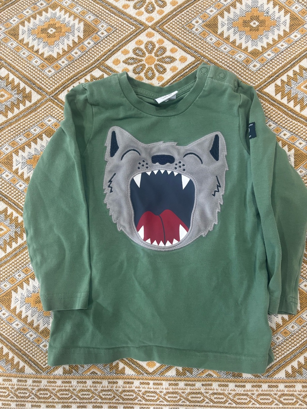 Polarn O. Pyret Wolf Appliqué Long Sleeve Top | Sage Green | Size 1-1.5Y (86)